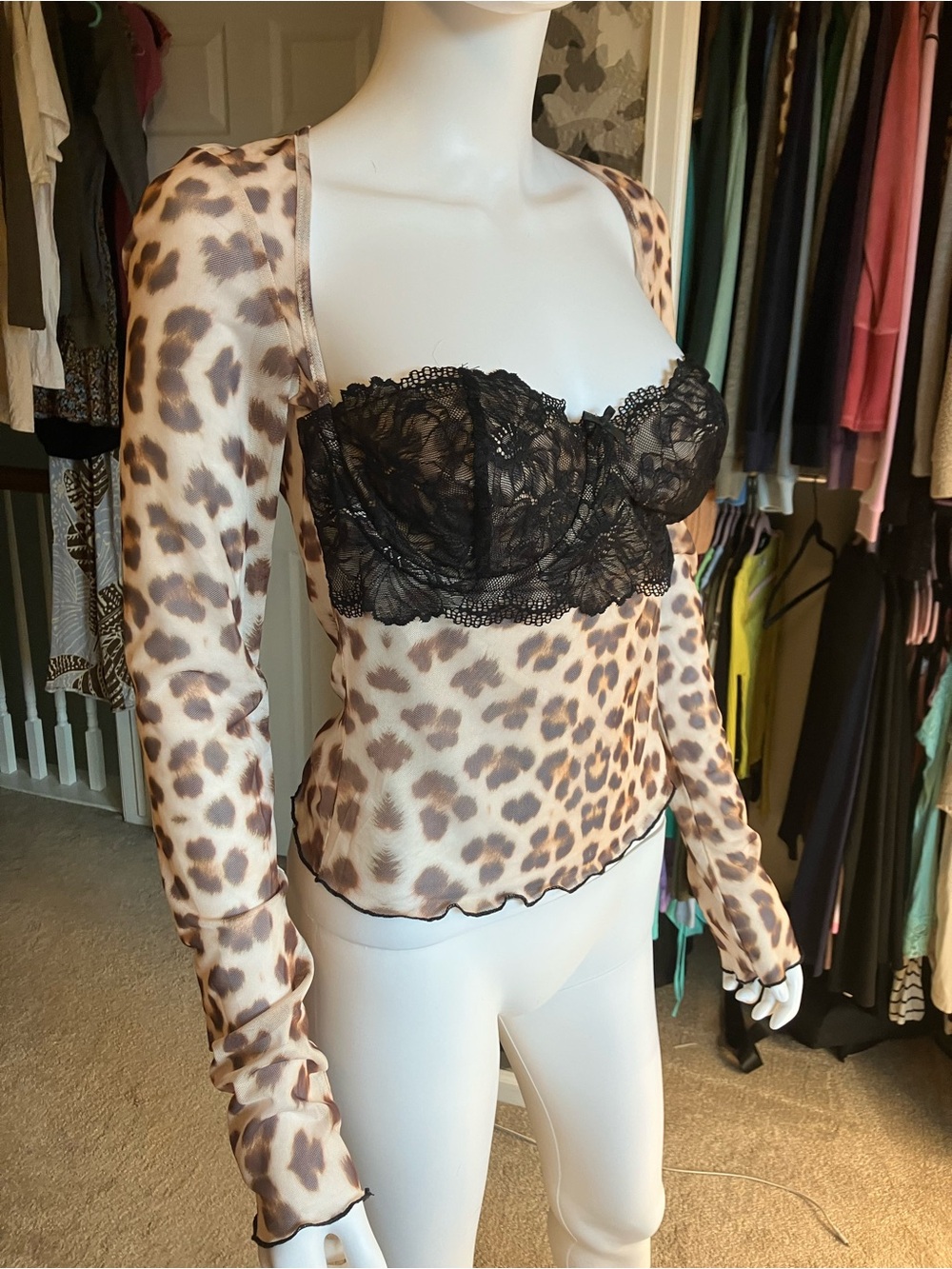 I.AM.GIA Leopard Mesh Long Sleeve Top with Black Lace Bust - Picture 2 of 6